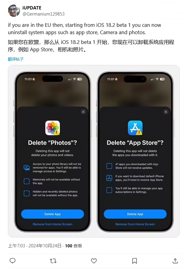 庄河苹果手机维修分享iOS 18.2 支持删除 App Store 应用商店 