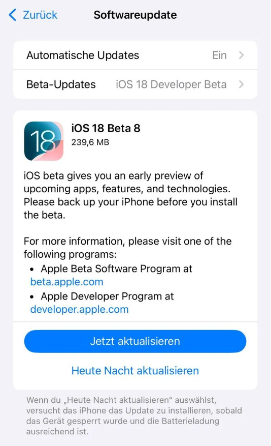 庄河苹果手机维修分享苹果 iOS / iPadOS 18 开发者预览版 Beta 8 发布 